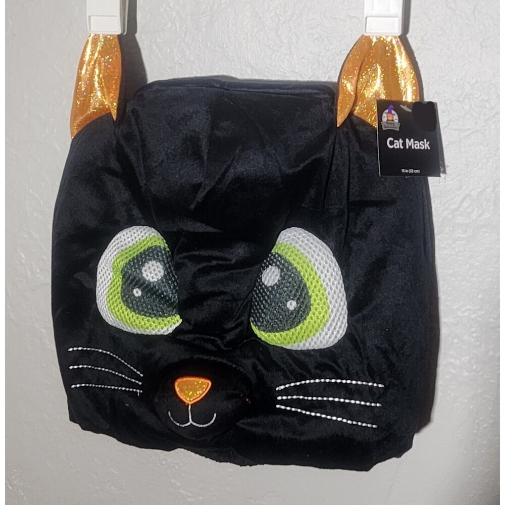 🥤 Adult Black Cat Mask with Green Eyes & Gold Ears